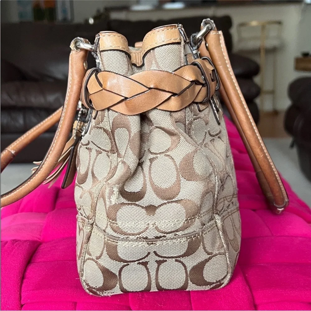 Coach Signature Canvas Shoulder Bag in Tan and Khaki - Picture 8 of 17